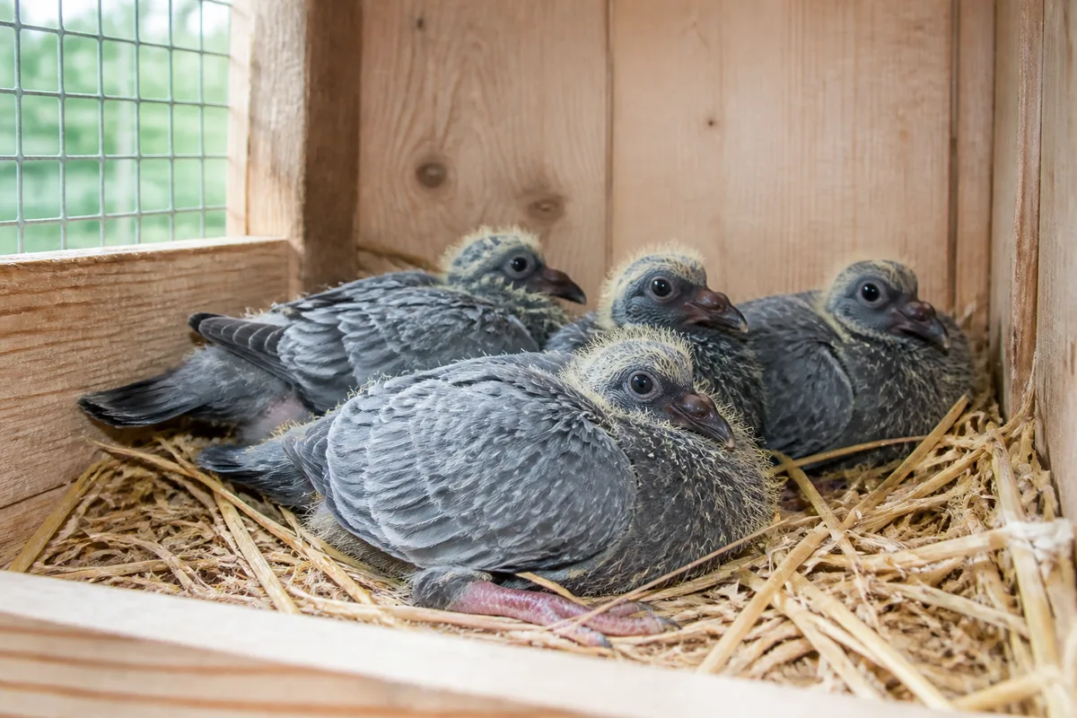 Pigeonneaux au nid dans un colombier, plumage duveteux et pattes encore fines