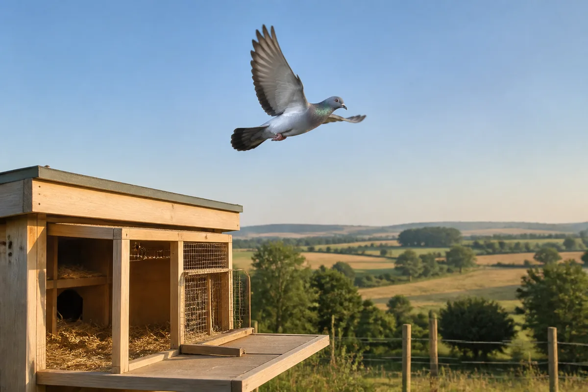 Pigeon voyageur en vol dans un ciel dégagé au-dessus d&rsquo;un paysage de campagne