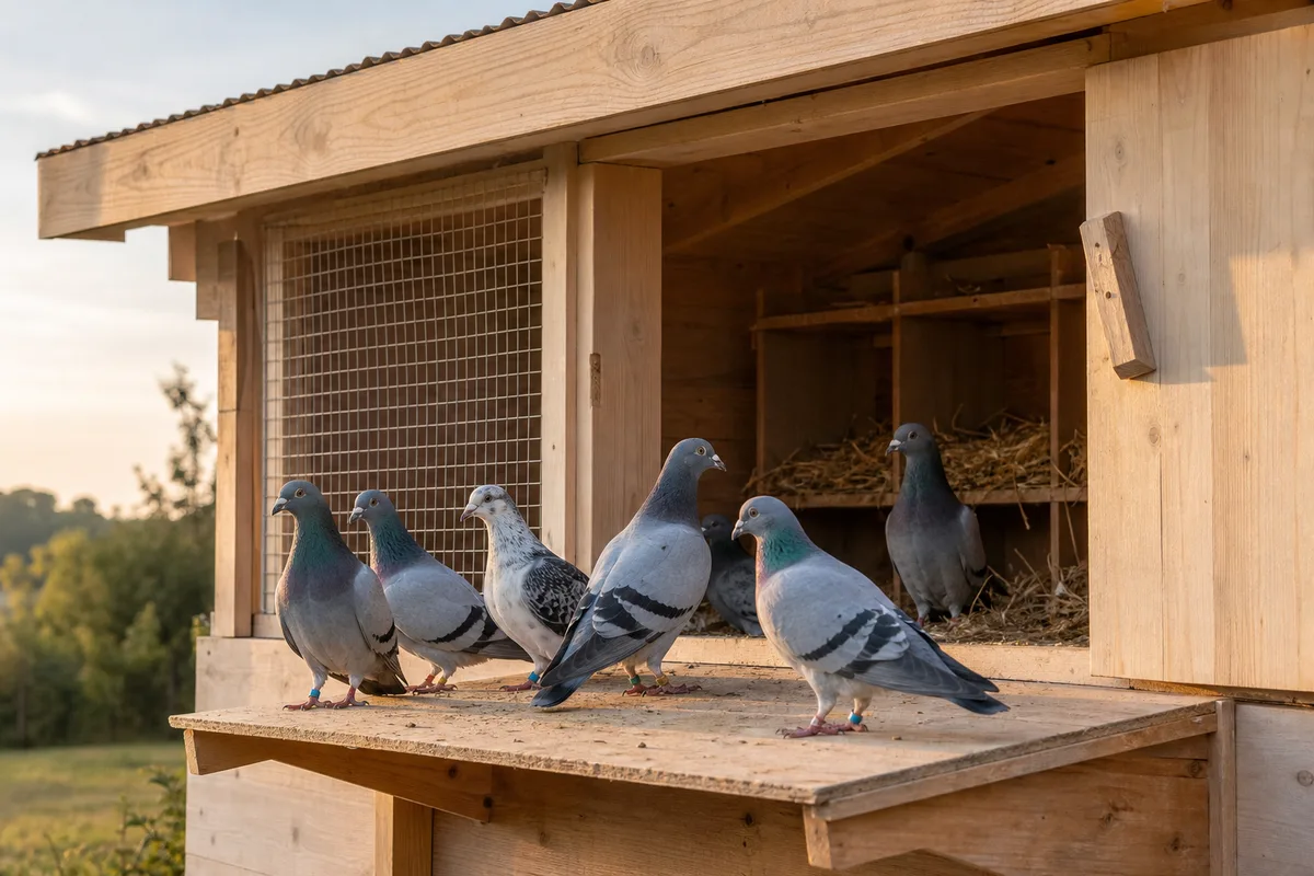 Colombier ouvert avec planchette d&rsquo;envol et pigeons posés au retour