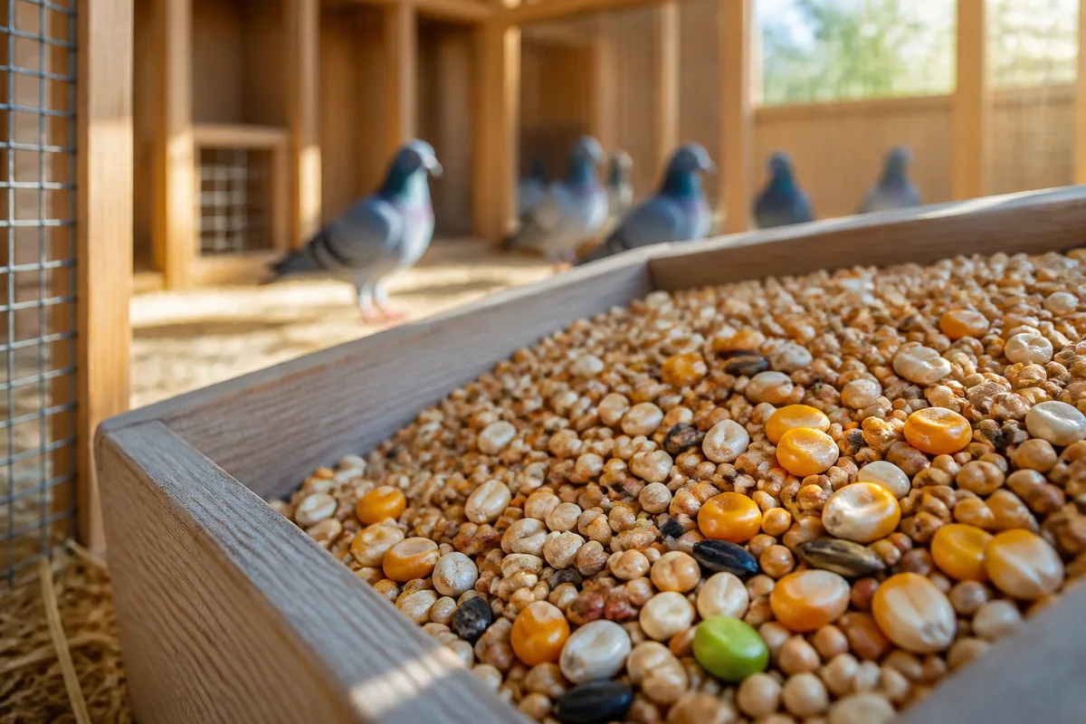 Mélange de graines colombophile en gros plan, maïs, pois et petites graines