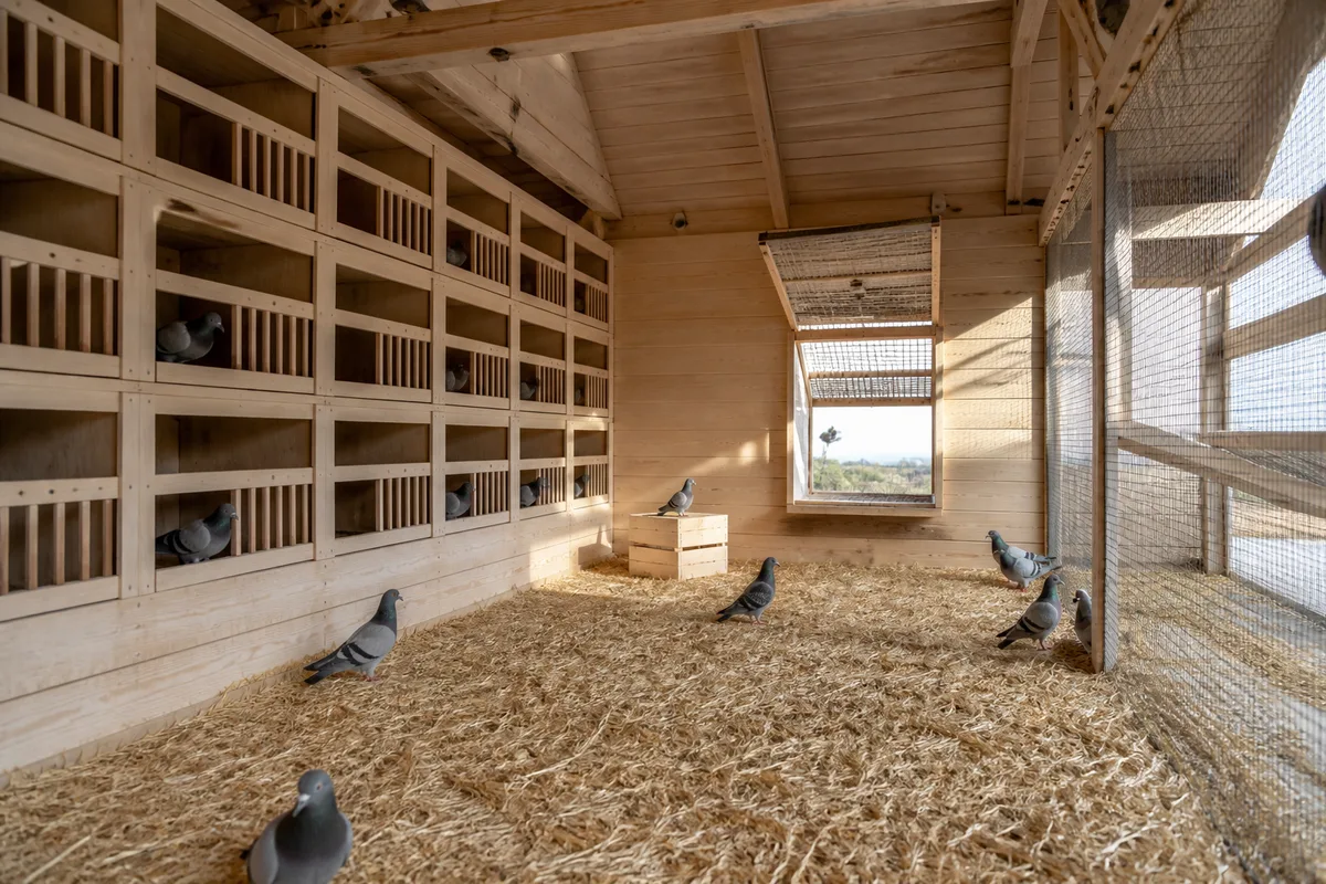 Intérieur de colombier en bois clair, perchoirs alignés et lumière naturelle entrant par une claire-voie