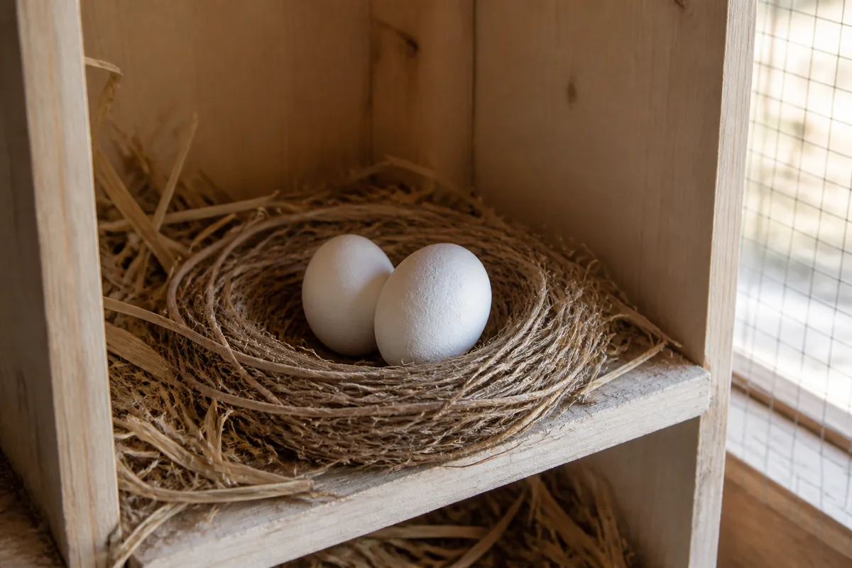 Mains manipulant un œuf factice au-dessus d&rsquo;un nichoir de pigeons