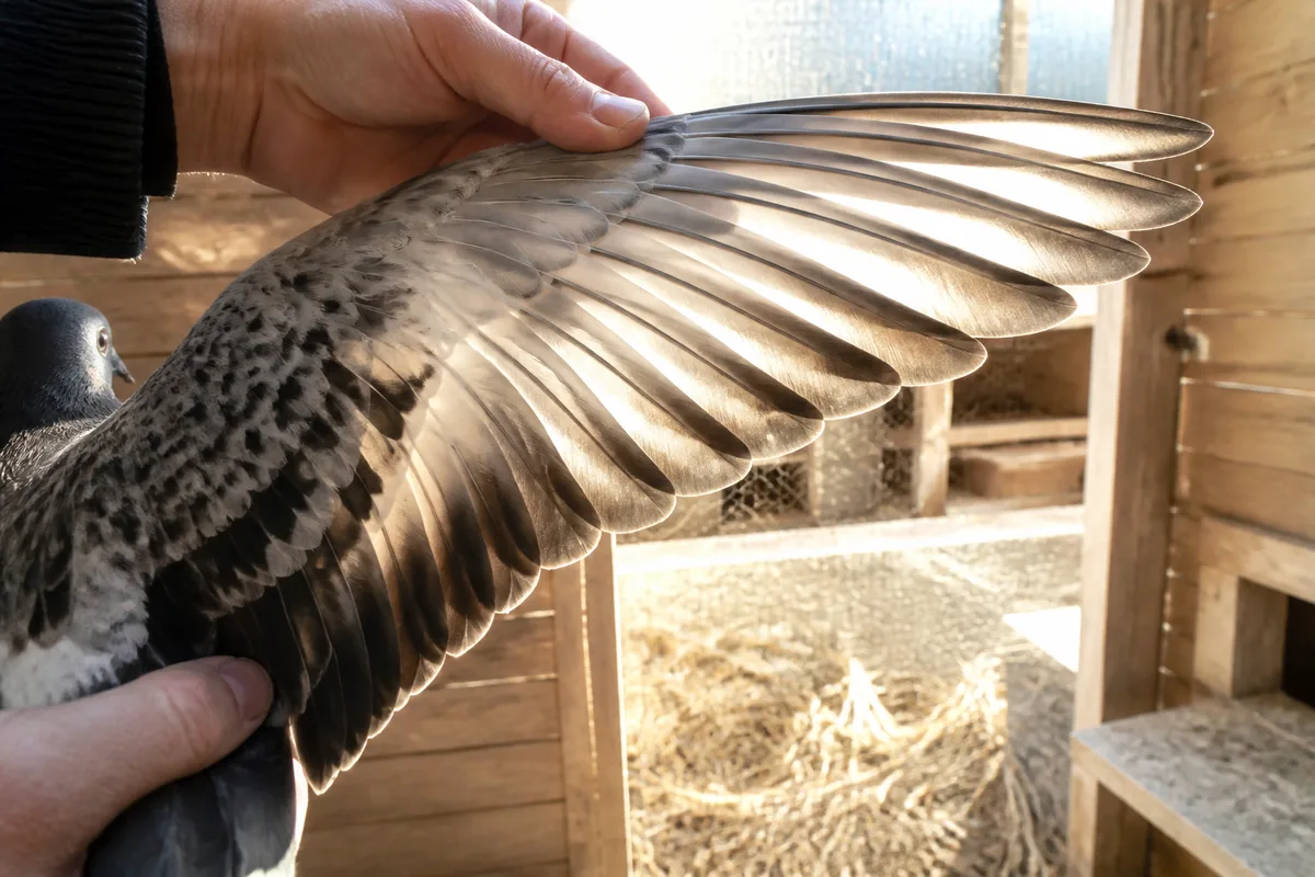 Aile de pigeon déployée à contre-jour pour inspecter la base des rémiges