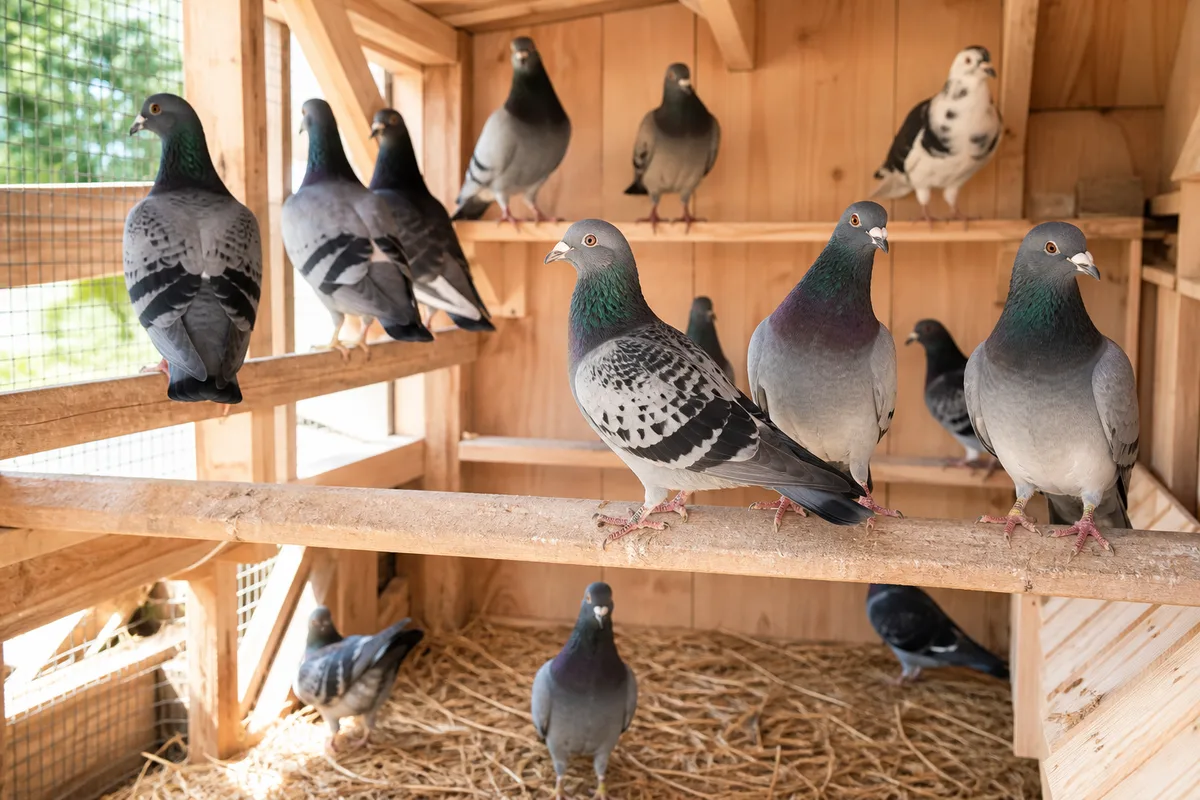 Groupe de pigeons actifs sur des perchoirs dans un colombier propre
